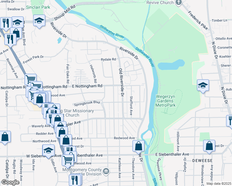 map of restaurants, bars, coffee shops, grocery stores, and more near 245 Fer Don Road in Dayton