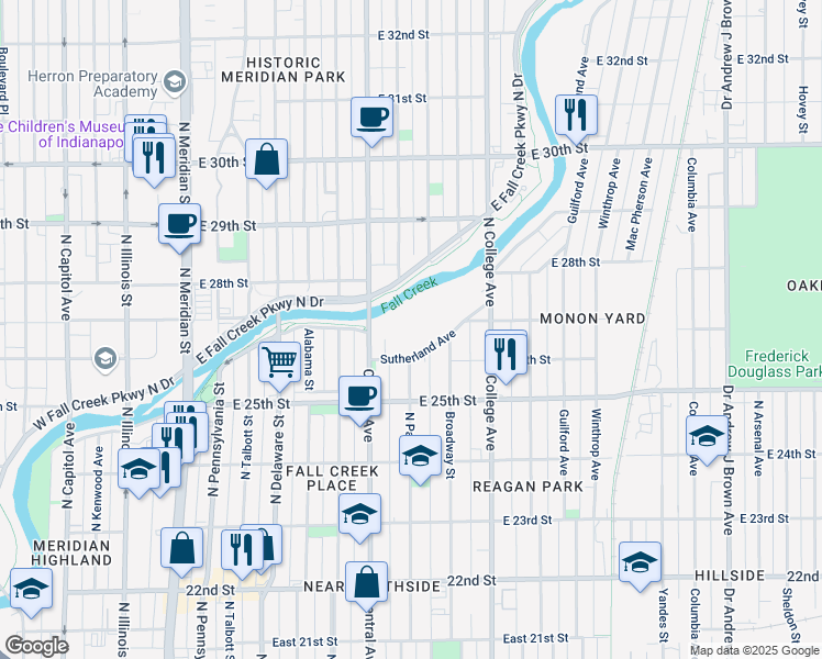 map of restaurants, bars, coffee shops, grocery stores, and more near 2647 Central Avenue in Indianapolis