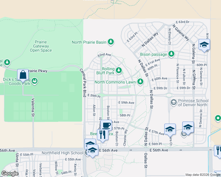 map of restaurants, bars, coffee shops, grocery stores, and more near 5995 Boston Court in Denver