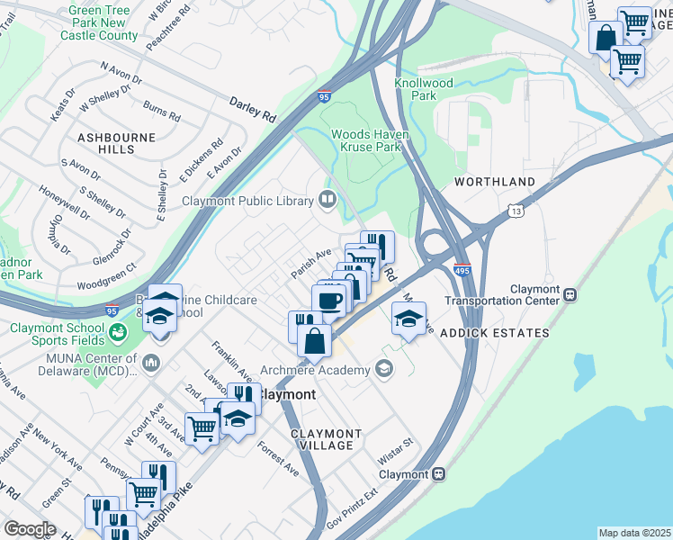 map of restaurants, bars, coffee shops, grocery stores, and more near 1378 Parish Avenue in Claymont