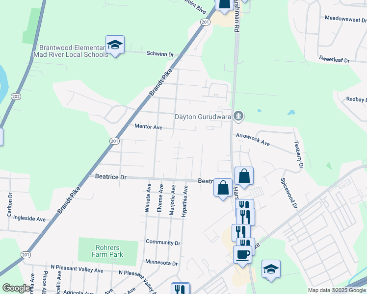 map of restaurants, bars, coffee shops, grocery stores, and more near 3584 Golden Meadows Court in Dayton