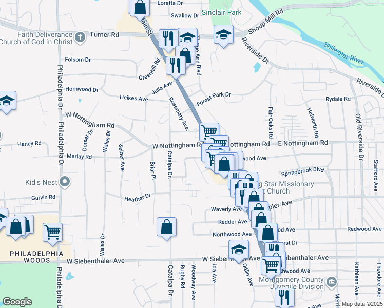 map of restaurants, bars, coffee shops, grocery stores, and more near 28 West Nottingham Road in Dayton
