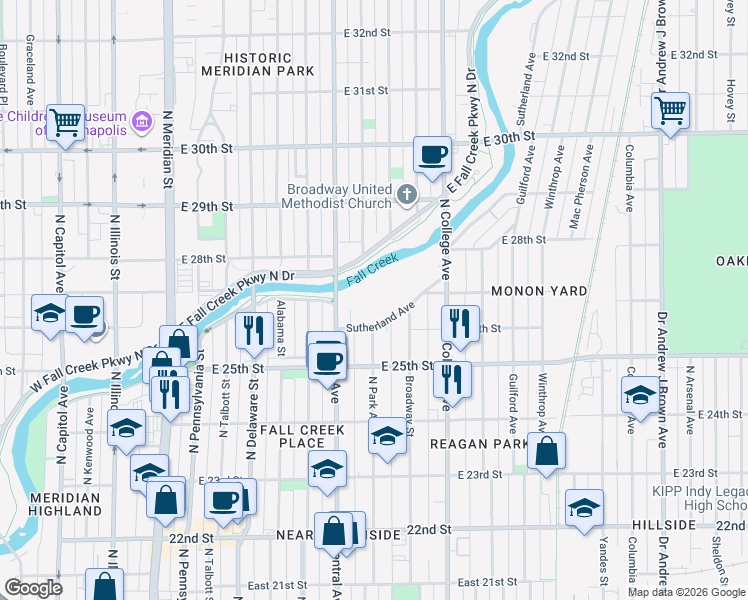 map of restaurants, bars, coffee shops, grocery stores, and more near 2647 Central Avenue in Indianapolis