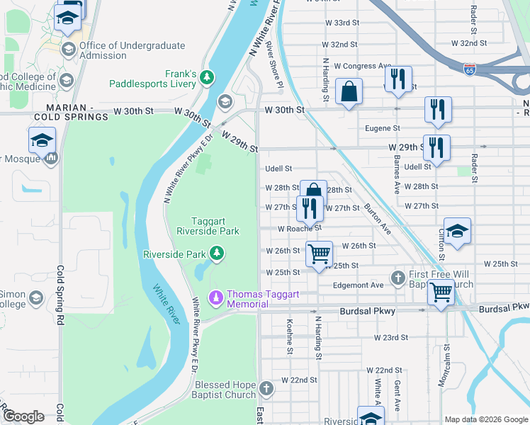 map of restaurants, bars, coffee shops, grocery stores, and more near 2665 East Riverside Drive in Indianapolis
