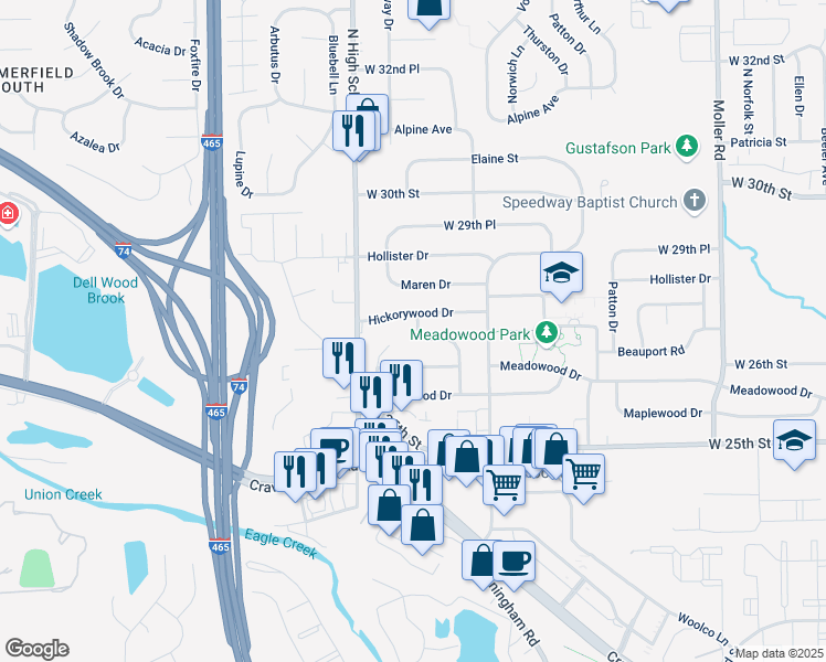 map of restaurants, bars, coffee shops, grocery stores, and more near 6145 Hickorywood Drive in Speedway