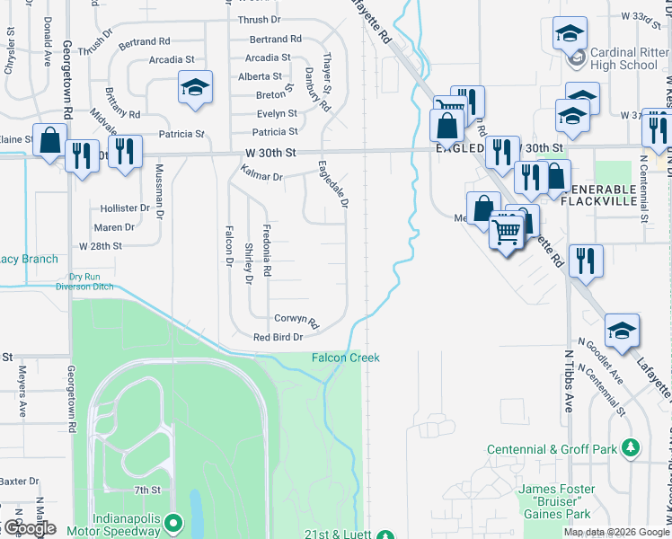 map of restaurants, bars, coffee shops, grocery stores, and more near 8 Bingham Court in Indianapolis