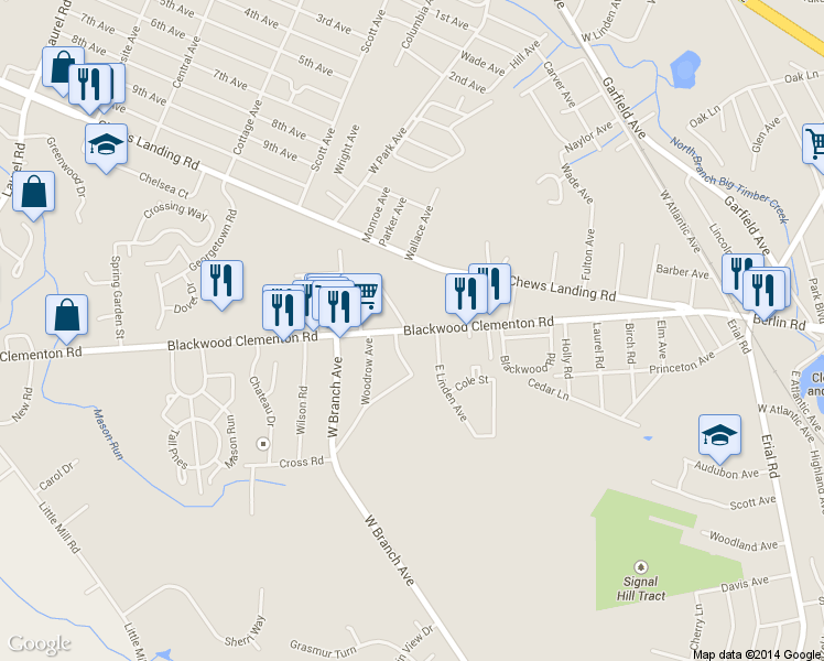 map of restaurants, bars, coffee shops, grocery stores, and more near 91 Blackwood-Clementon Road in Lindenwold