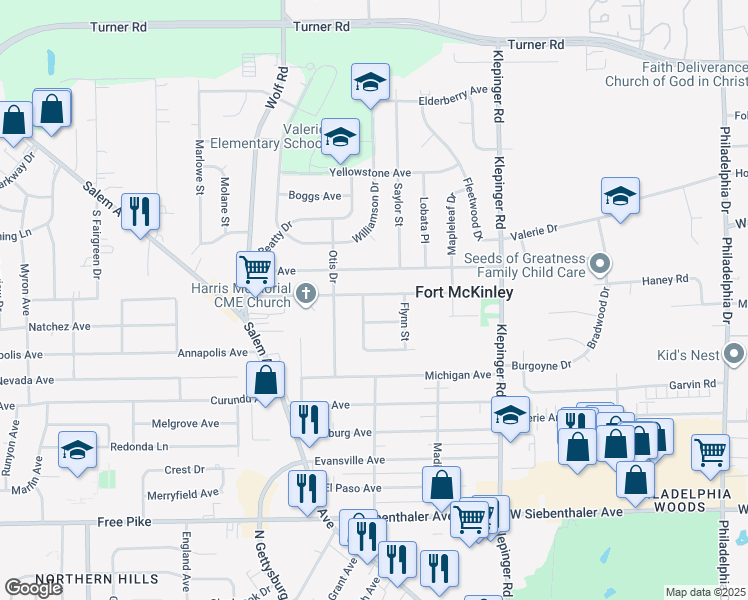 map of restaurants, bars, coffee shops, grocery stores, and more near 3788 Haney Road in Dayton