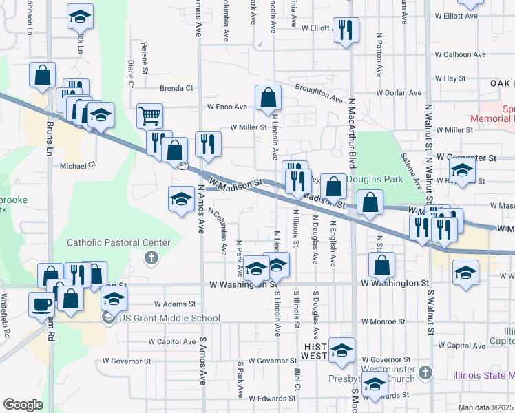 map of restaurants, bars, coffee shops, grocery stores, and more near 301 Hickory Street in Springfield