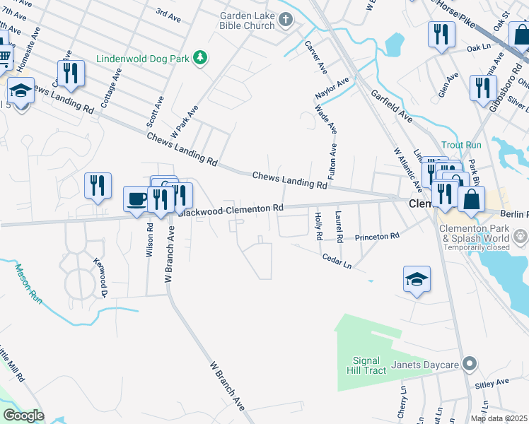 map of restaurants, bars, coffee shops, grocery stores, and more near 200-202 Blackwood-Clementon Road in Pine Hill