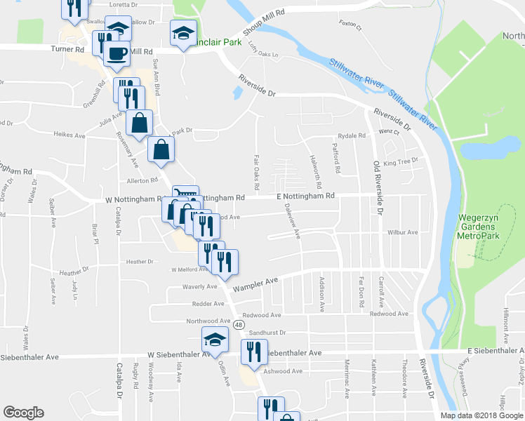 map of restaurants, bars, coffee shops, grocery stores, and more near 241 Castlewood Avenue in Dayton