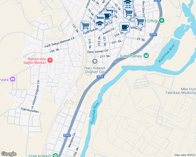 map of restaurants, bars, coffee shops, grocery stores, and more near 186 Atatürk Bulvarı in Bahşili