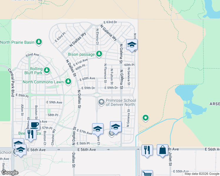 map of restaurants, bars, coffee shops, grocery stores, and more near 10080 East 59th Drive in Denver