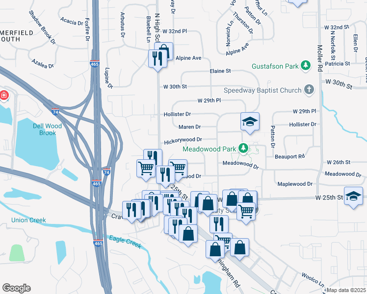 map of restaurants, bars, coffee shops, grocery stores, and more near 6145 Hickorywood Drive in Speedway