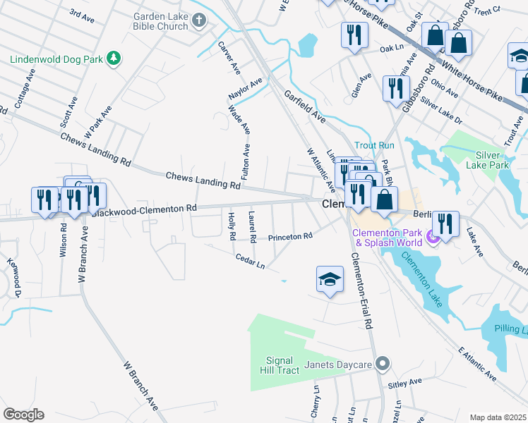 map of restaurants, bars, coffee shops, grocery stores, and more near 76 Blackwood Clementon Road in Clementon