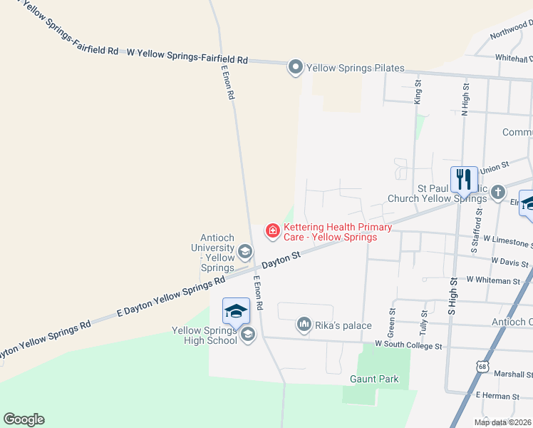 map of restaurants, bars, coffee shops, grocery stores, and more near 4340 East Enon Road in Yellow Springs