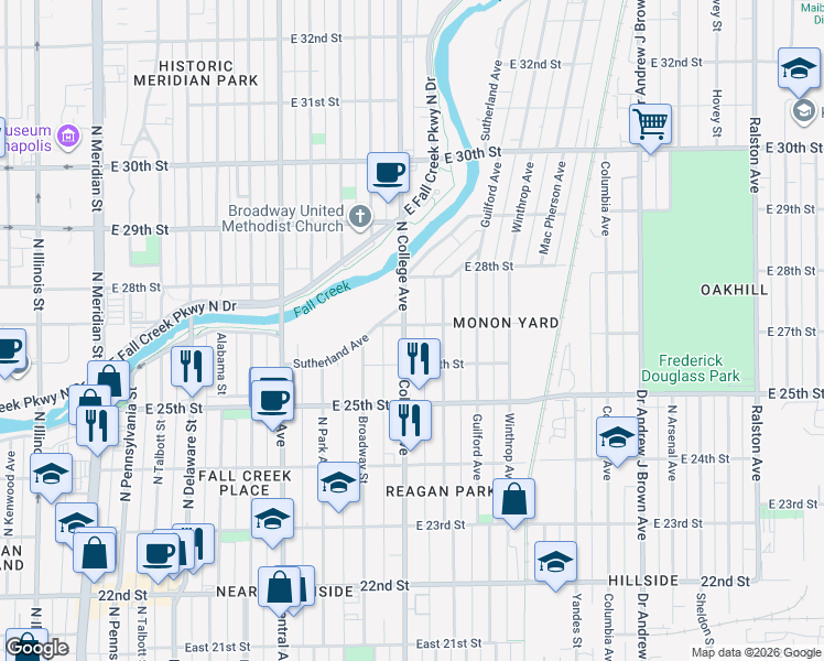 map of restaurants, bars, coffee shops, grocery stores, and more near 2702 North College Avenue in Indianapolis