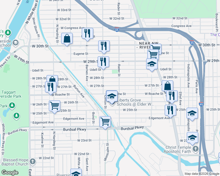 map of restaurants, bars, coffee shops, grocery stores, and more near 1041 West 27th Street in Indianapolis