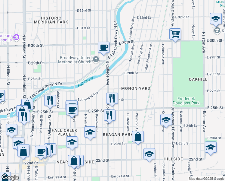 map of restaurants, bars, coffee shops, grocery stores, and more near 2702 Carrollton Avenue in Indianapolis