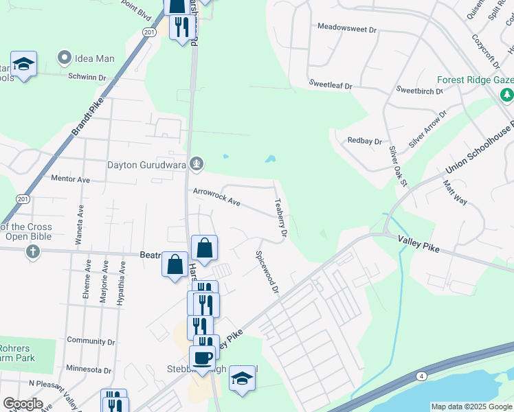 map of restaurants, bars, coffee shops, grocery stores, and more near 4355 Arrowrock Avenue in Dayton