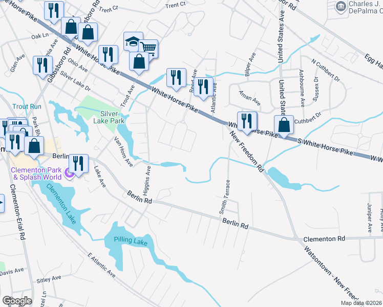map of restaurants, bars, coffee shops, grocery stores, and more near 18 Rowand Way East in Clementon