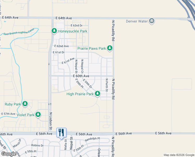 map of restaurants, bars, coffee shops, grocery stores, and more near 21442 East 60th Avenue in Aurora