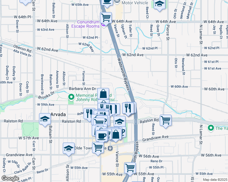 map of restaurants, bars, coffee shops, grocery stores, and more near 7403 West 60th Avenue in Arvada