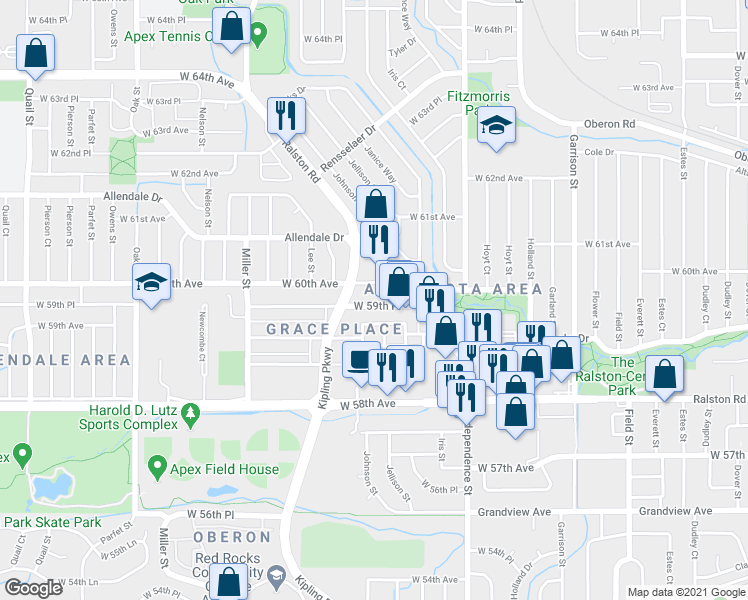 map of restaurants, bars, coffee shops, grocery stores, and more near 5990 Kipling Parkway in Arvada