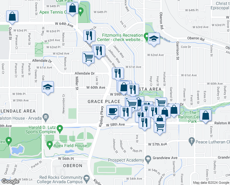map of restaurants, bars, coffee shops, grocery stores, and more near 5990 Kipling Parkway in Arvada