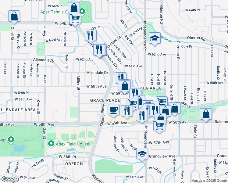 map of restaurants, bars, coffee shops, grocery stores, and more near 5990 Kipling Parkway in Arvada