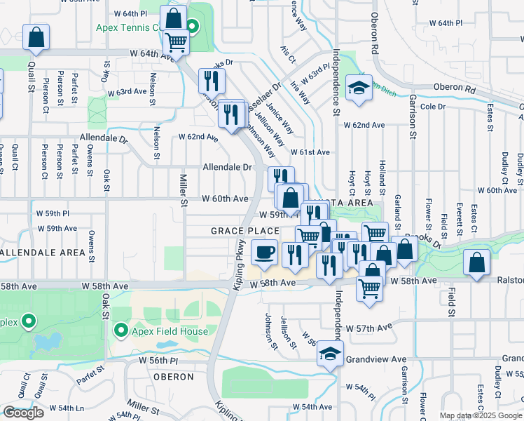 map of restaurants, bars, coffee shops, grocery stores, and more near 5990 Kipling Parkway in Arvada