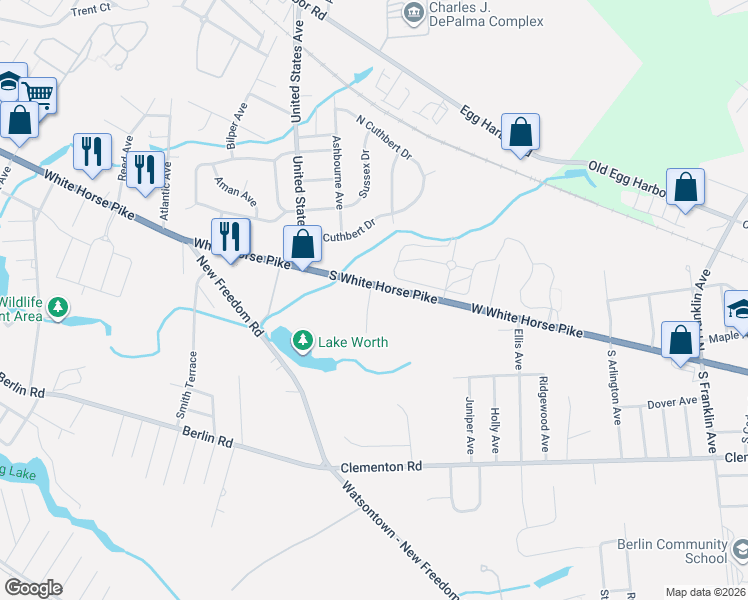 map of restaurants, bars, coffee shops, grocery stores, and more near 2438 South White Horse Pike in Lindenwold