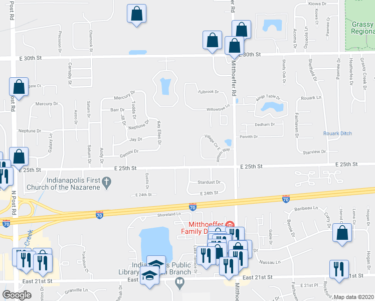 map of restaurants, bars, coffee shops, grocery stores, and more near 9750 East 25th Street in Indianapolis