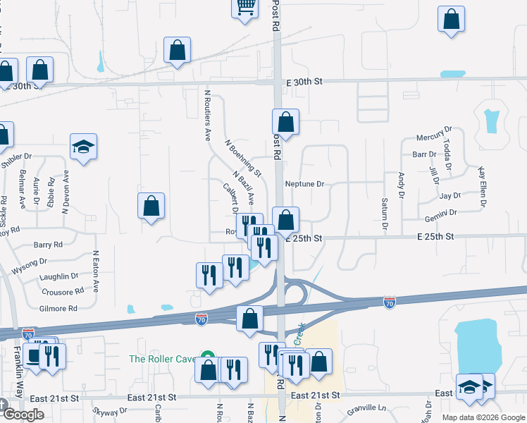 map of restaurants, bars, coffee shops, grocery stores, and more near 2601 North Boehning Street in Indianapolis
