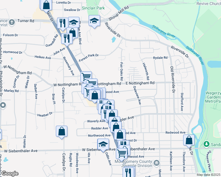 map of restaurants, bars, coffee shops, grocery stores, and more near 4311 Winona Avenue in Dayton