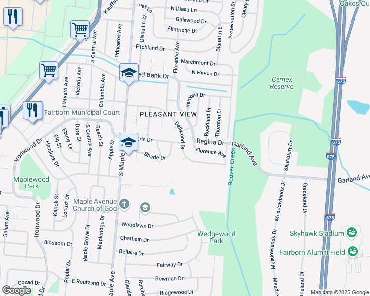 map of restaurants, bars, coffee shops, grocery stores, and more near 172 Dellwood Drive in Fairborn
