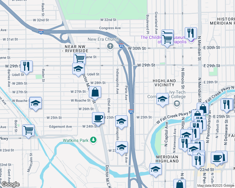 map of restaurants, bars, coffee shops, grocery stores, and more near Indianapolis Avenue in Indianapolis