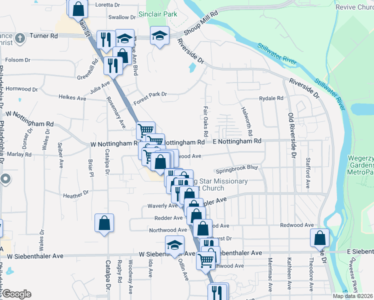 map of restaurants, bars, coffee shops, grocery stores, and more near 4311 Winona Avenue in Dayton