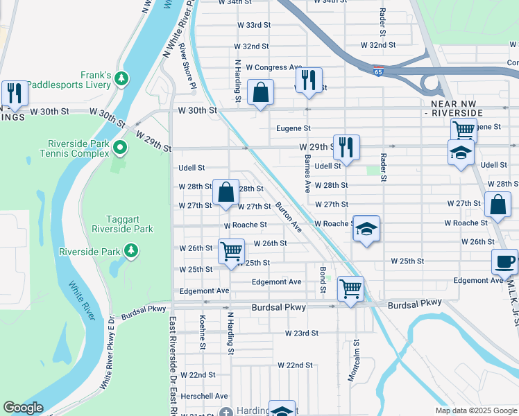 map of restaurants, bars, coffee shops, grocery stores, and more near 1310 West 27th Street in Indianapolis