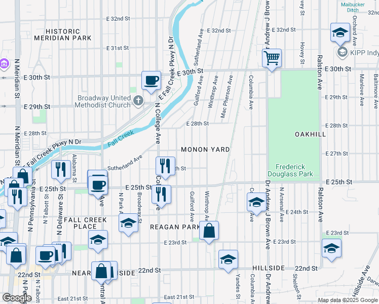 map of restaurants, bars, coffee shops, grocery stores, and more near 825 East 27th Street in Indianapolis