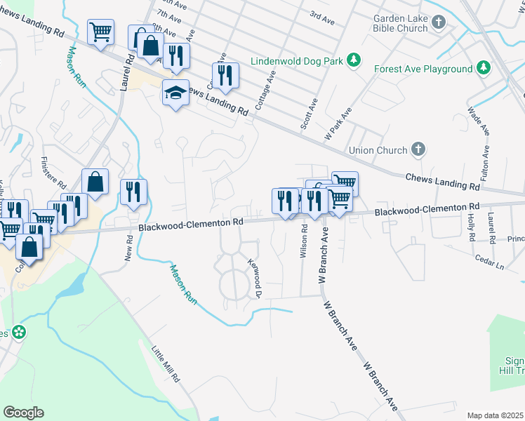 map of restaurants, bars, coffee shops, grocery stores, and more near 353 Blackwood Clementon Road in Pine Hill
