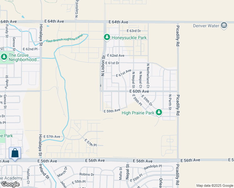 map of restaurants, bars, coffee shops, grocery stores, and more near 20992 East 60th Avenue in Aurora