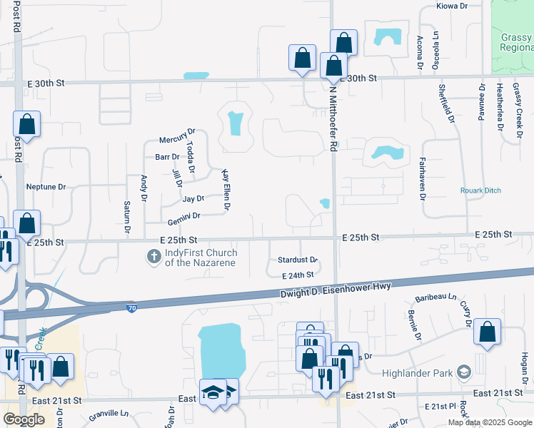 map of restaurants, bars, coffee shops, grocery stores, and more near 9750 East 25th Street in Indianapolis