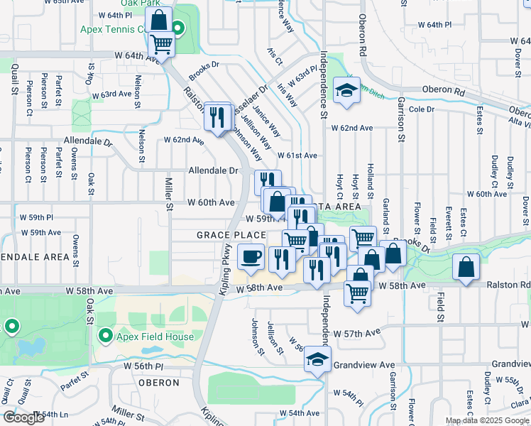 map of restaurants, bars, coffee shops, grocery stores, and more near 9955 West 59th Place in Arvada