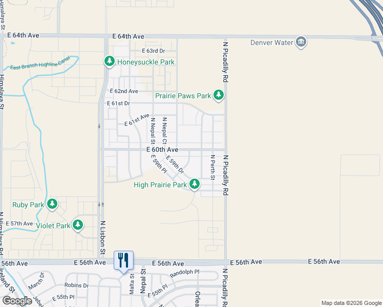 map of restaurants, bars, coffee shops, grocery stores, and more near 21442 East 60th Avenue in Aurora
