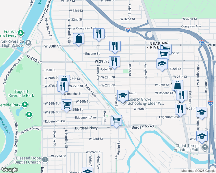 map of restaurants, bars, coffee shops, grocery stores, and more near 1115 West 27th Street in Indianapolis