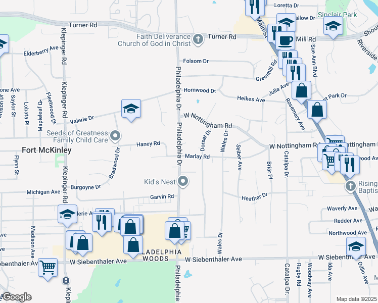 map of restaurants, bars, coffee shops, grocery stores, and more near 521 Marlay Road in Dayton