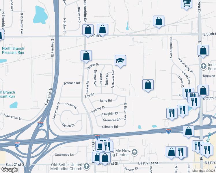 map of restaurants, bars, coffee shops, grocery stores, and more near 2607 Ebbie Road in Indianapolis