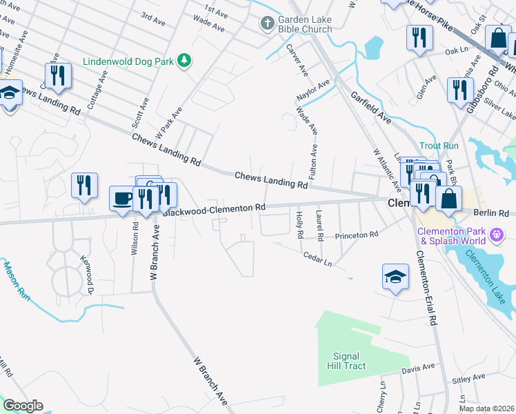 map of restaurants, bars, coffee shops, grocery stores, and more near 15 Blackwood Road in Clementon