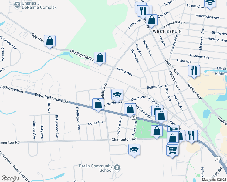 map of restaurants, bars, coffee shops, grocery stores, and more near 20 Locust Avenue in Berlin